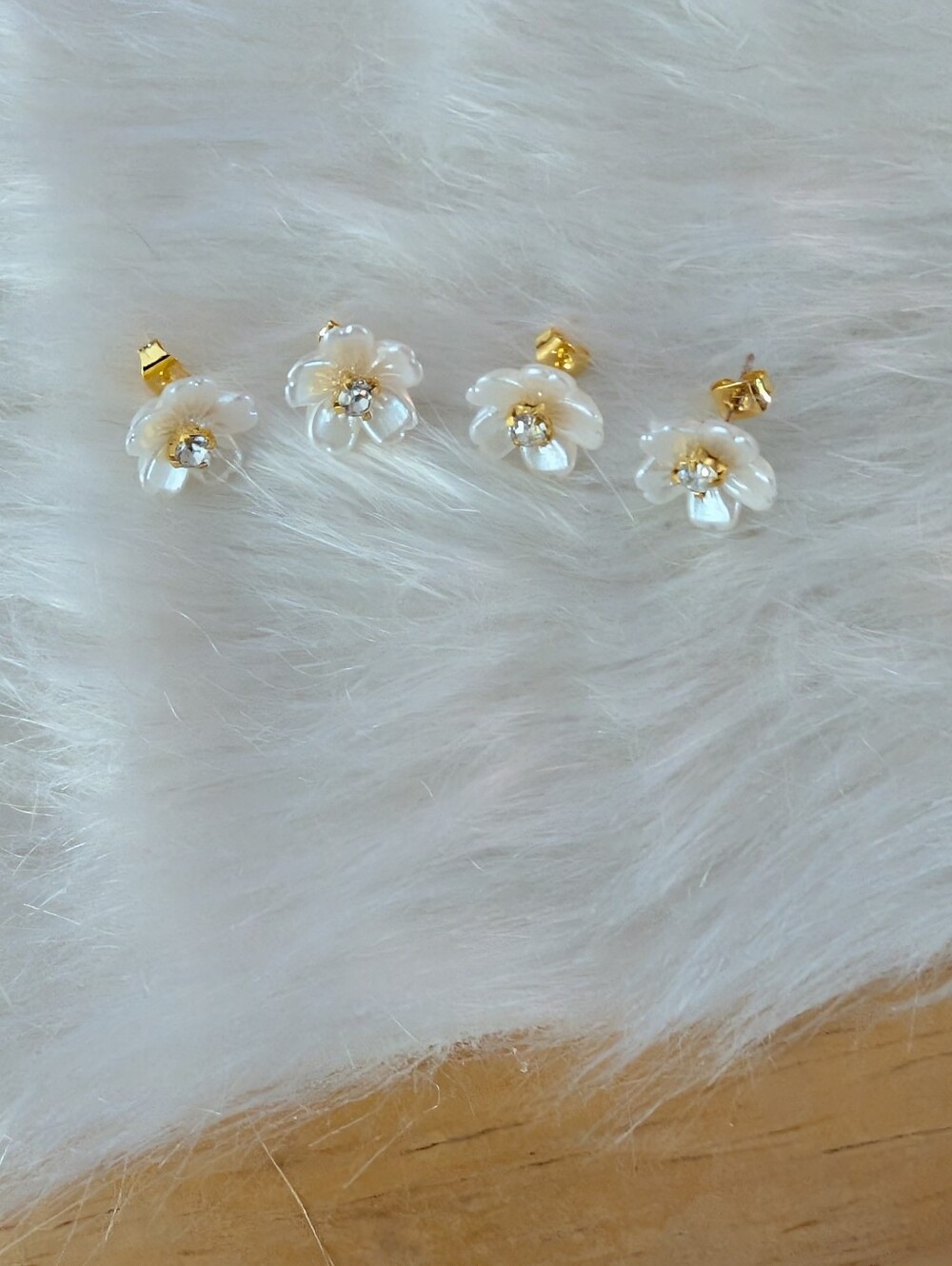 Handcrafted Gold Plated & Pearlescent White Flower Stud Earrings w/ Accents